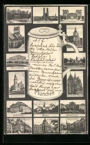 AK München, Bierkrug mit verschiedenen Stadtansichten