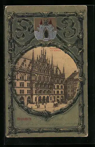 AK München, Marienplatz mit Rathaus und Stadtwappen