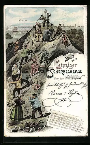 Lithographie Leipzig, Wanderer auf dem Scherbelberge