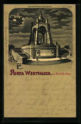 Lithographie Porta Westfalica, Kaiser Wilhelm-Denkmal im Mondschein