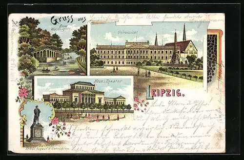 Lithographie Leipzig, Universität, Neues Theater, Ruderpartie beim Wassergott