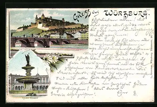 Lithographie Würzburg, Kilians Brunnen, Panorama mit Residenzschloss