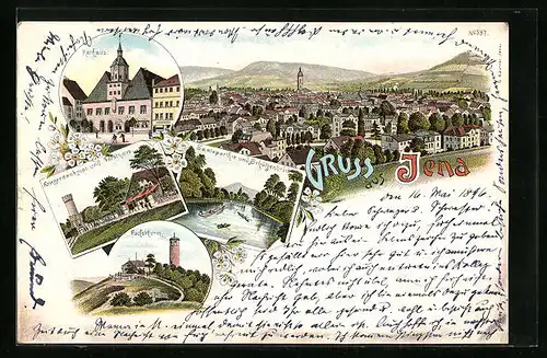 Lithographie Jena, Rathaus, Fuchsthurm, Kriegerdenkmal und Forsthaus