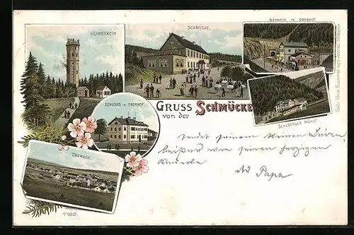 Lithographie Oberhof, Schloss, Ortsansicht, Bahnhof, Gasthof Schmücke, Schneekopf
