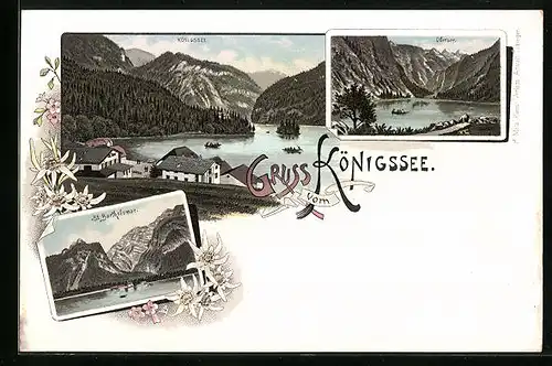 Lithographie Königssee, Häuser am Ufer, Obersee, St. Bartholomae
