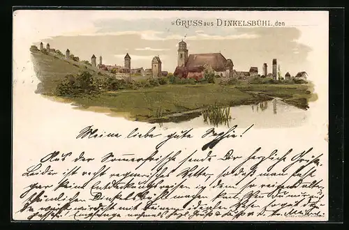 Lithographie Dinkelsbühl, Teilansicht mit Kirche und Stadtmauer