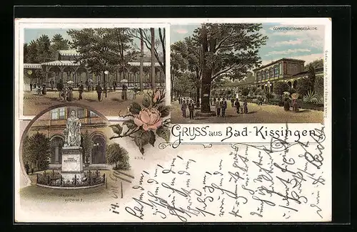 Lithographie Bad Kissingen, Rakoczy-Brunnen, Conversationsgebäude, Denkmal Ludwig I.