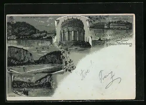 Mondschein-Lithographie Kelheim, Teilansicht mit Befreiungshalle, Kloster Weltenburg