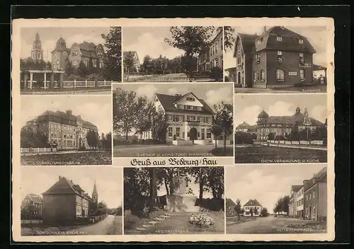 AK Bedburg-Hau, Gasthof Waninger, Dorfschule und Kirche, Peter Eichstrasse, Bahnhof