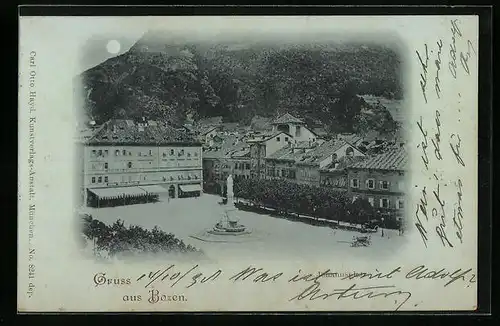 Mondschein-AK Bozen, Der Waltherplatz bei Vollmond