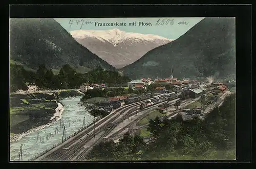 AK Franzensfeste, Ortsansicht mit Plose, Eisenbahn