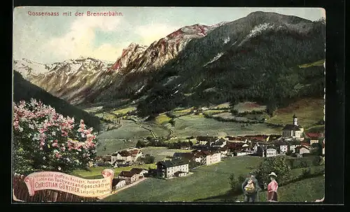 AK Gossensass, Ortsansicht mit der Brennerbahn