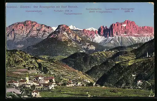 AK Bozen, Ort vor Bergpanorama mit Laurinswand, Rosengarten, Hammerwände