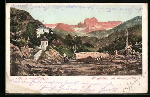 Künstler-AK Bozen, Magdalena mit Rosengarten