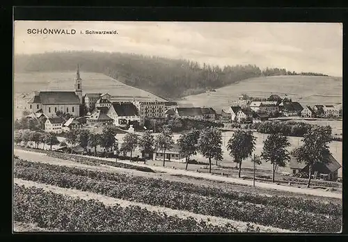 AK Schönwald /Schwarzw., Ortsansicht mit Feldern und Strasse