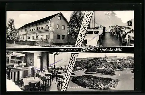 AK Herhahn /Eifel, Hotel-Pension Eifelhöhe, Rursee mit Burg Vogelsang