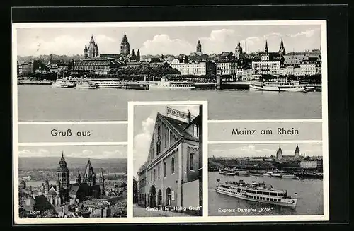 AK Mainz, Panorama der Stadt, Dom, Gaststätte Heilig Geist, Dampfer Köln