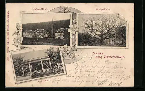 AK Brückenau, Schloss-Hotel, Königs-Eiche, Stahlquelle