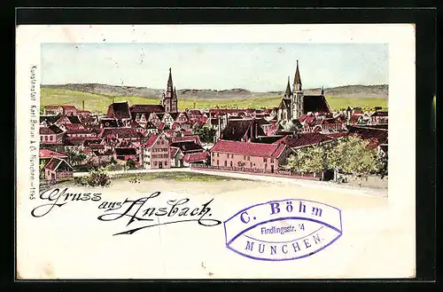 Künstler-AK Ansbach, Ortsansicht mit leuchtenden Fenstern