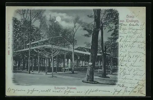 Mondschein-AK Kissingen, Rokocszy-Brunnen