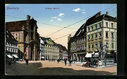 AK Bamberg, Grüner Markt mit Geschäften und Brunnen