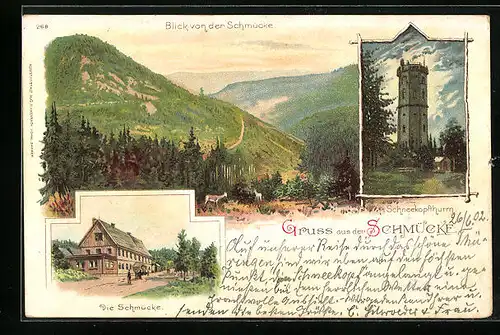 Lithographie Schmücke, Gsthaus Schmücke, Blick von der Schmücke, Schneekopfturm