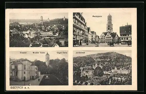 AK Biberach a. R., Marktplatz mit Geschäften, Jordanbad, Theater u. Weisser Turm mit Gigel-Turm