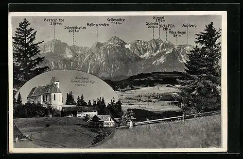 AK Auerberg, Kirche am Schwäbischen Rigi, Panorama mit Gernspitze, Schneidspitze und Kelleschrofen