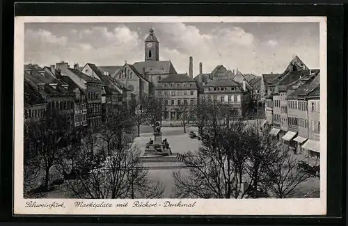 AK Schweinfurt, Marktplatz mit Geschäften und Rückert-Denkmal