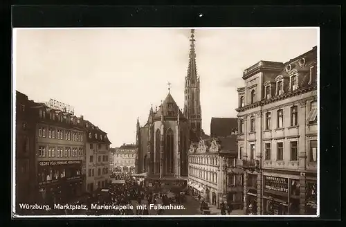 AK Würzburg, Marktplatz mit Geschäften, Marienkapelle und Falkenhaus