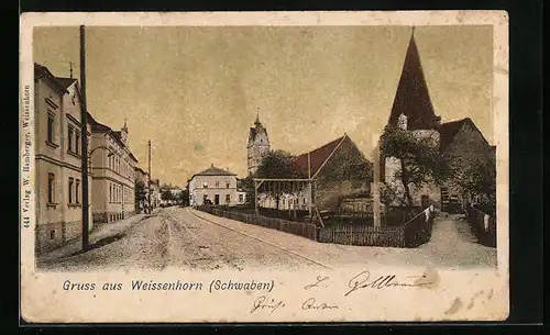 AK Weissenhorn /Schwaben, Strassenpartie mit Kirche