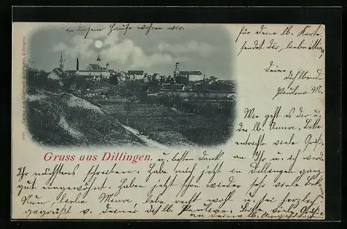 Mondschein-AK Dillingen, Teilansicht von der Wiese aus