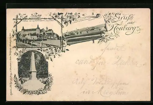 AK Neuburg a. D., Schloss, Kasernement und Kriegerdenkmal