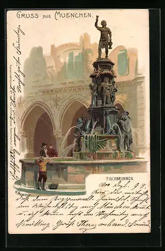 AK München, Fischbrunnen mit Passanten, Marienplatz