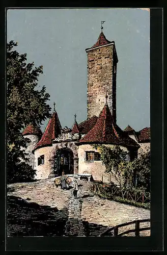 AK Rothenburg o. T., Stadttor und Frau mit Heuwagen