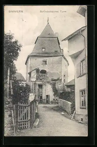 AK Simmern, Schinderhannes Turm mit Strassenpartie