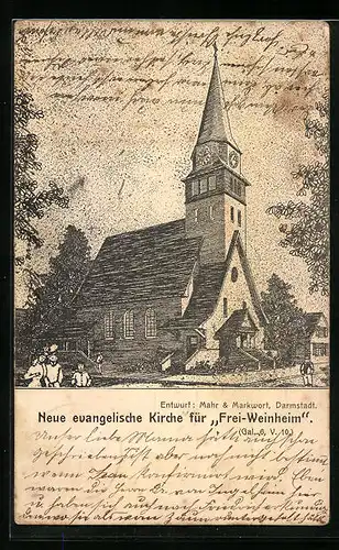 AK Weinheim, Neue evangelische Kirche mit Strassenpartie