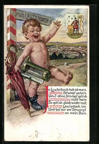 AK Lauterbach, Ortsansicht mit nacktem Kind und Gedicht In Lauterbach hab ich mein Strumpf verlorn...