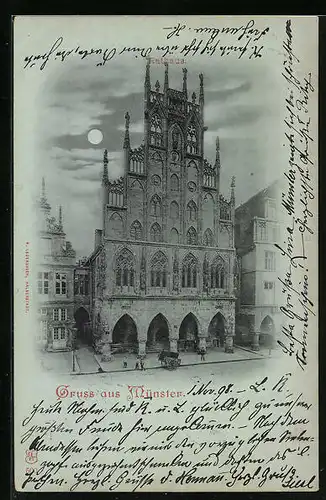 Mondschein-AK Münster, Rathaus mit Vorplatz