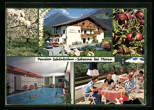 AK Schenna bei Meran, Pension Schönbrunn, Innenansicht Schwimmbad, Terrasse