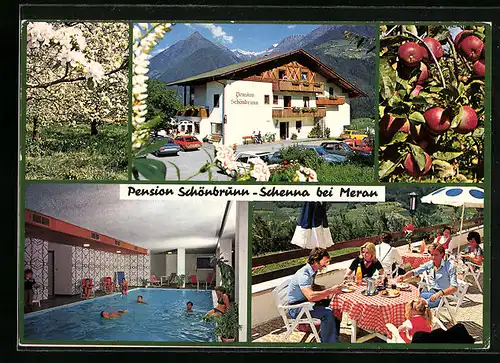 AK Schenna bei Meran, Pension Schönbrunn, Innenansicht Schwimmbad, Terrasse
