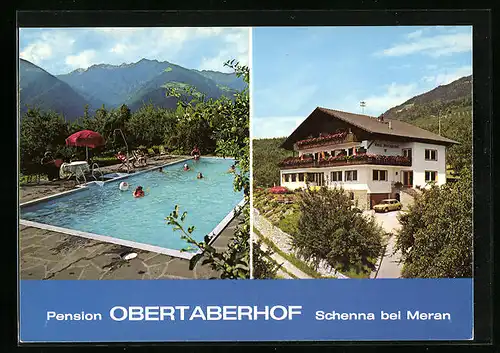 AK Schenna /Meran, Pension Obertaberhof, Bes. Fam. Alois Hörmann, Gäste im Pool