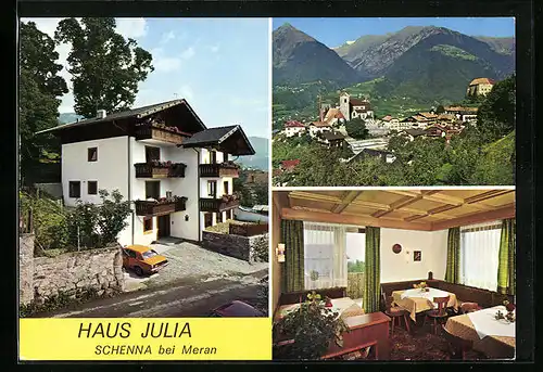 AK Schenna /Meran, Hotel Haus Julia, Ortspartie vor Bergpanorama