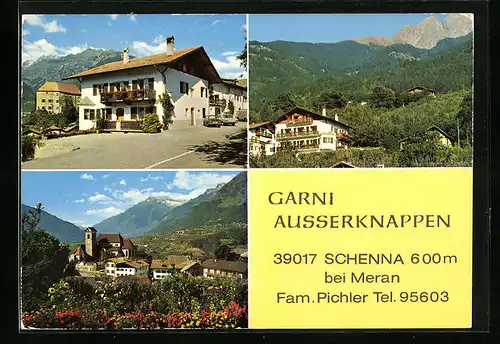 AK Schenna /Meran, Hotel Garni Ausserknappen, Ortspartie mit Kirche