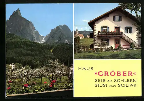 AK Seis a. Schlern, Hotel Haus Gröber, Bergpanorama