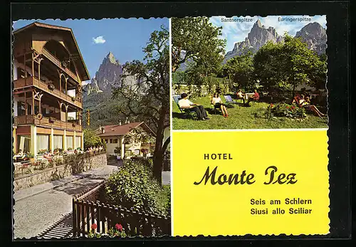 AK Seis am Schlern, Hotel Monte Pez, Blick auf Santnerspitze, Euringerspitze