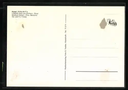 AK Seis am Schlern, Hotel Prantl, Blick auf die Santnerspitze