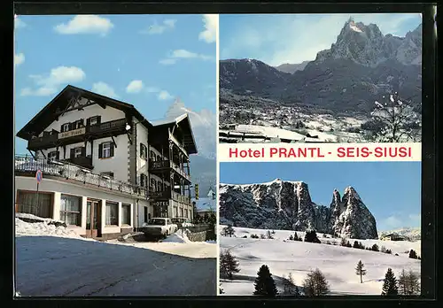 AK Seis am Schlern, Hotel Prantl im Winter, Bergpanorama