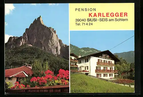 AK Seis am Schlern, Pension Karlegger, Neubau vor Bergpanorama