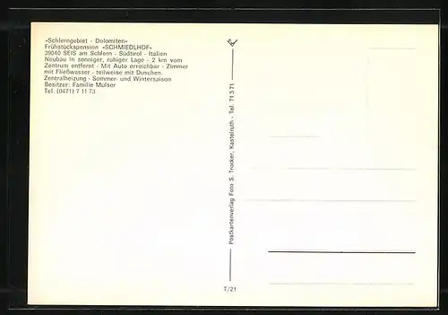 AK Seis am Schlern, Pension Schmiedlhof, Der Neubau vor dem Berg